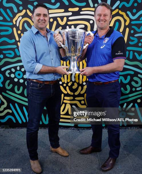 Grand Final Premiership Cup Presenters Garry Lyon and Chris Grant pose for a photograph at Yagan Square on September 21, 2021 in Perth, Australia.