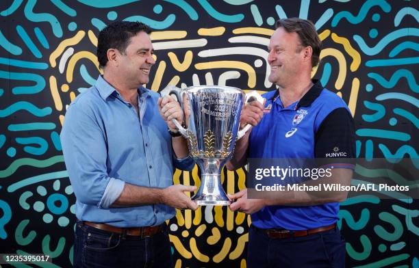 Grand Final Premiership Cup Presenters Garry Lyon and Chris Grant pose for a photograph at Yagan Square on September 21, 2021 in Perth, Australia.