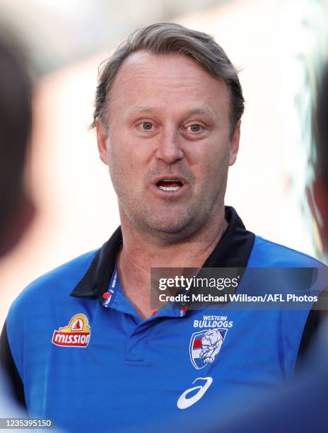 Grand Final Premiership Cup Presenter Chris Grant speaks with media at Yagan Square on September 21, 2021 in Perth, Australia.