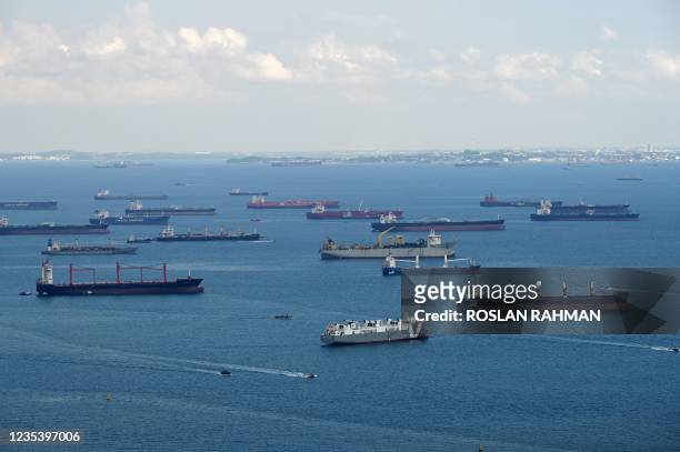 Vessels are anchored along the southern straits of Singapore on September 21, 2021.