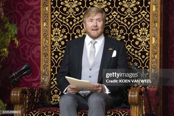 King Willem-Alexander reads the Speech from the Throne on Budget Day to members of the Senate and House of Representatives in the Grote Kerk on...