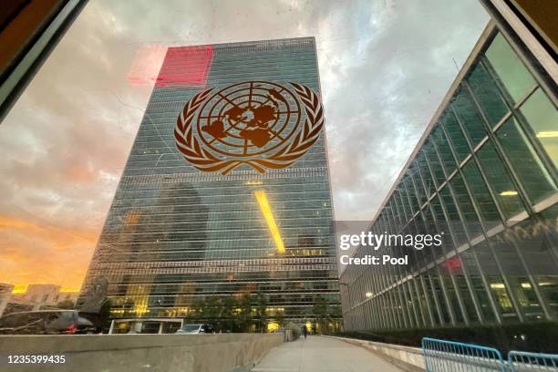 The United Nations headquarters building is seen from inside the General Assembly hall before heads of state begin to address the 76th Session of the...