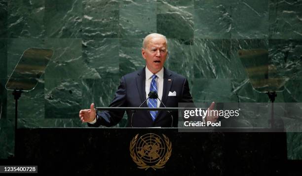 President Joe Biden addresses the 76th Session of the U.N. General Assembly on September 21, 2021 at U.N. Headquarters in New York City. More than...