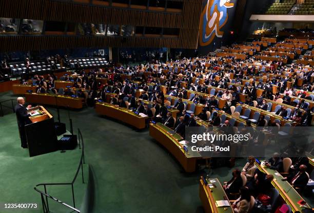 President Joe Biden addresses the 76th Session of the U.N. General Assembly on September 21, 2021 at U.N. Headquarters in New York City. More than...