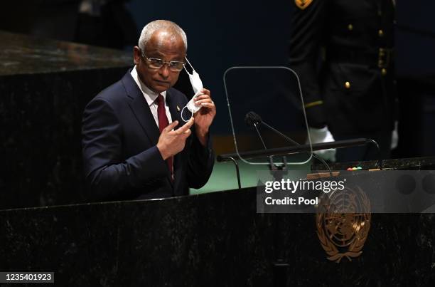 Ibrahim Mohamed Solih, President, Republic of Maldives prepares to address the 76th Session of the U.N. General Assembly on September 21, 2021 at...