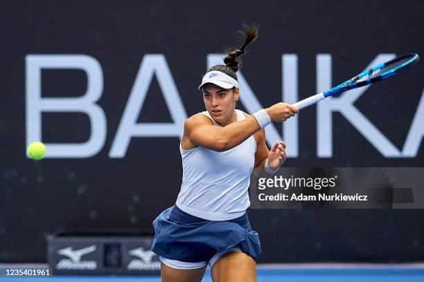 Ana Konjuh from Croatia plays forehand in her Round of 32 Singles match against Anastasia Pavlyuchenkova from Russia during Day 2 of the J&T Banka...