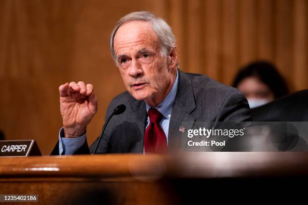 Sen. Tom Carper speaks during a Senate Homeland Security & Governmental Affairs hearing to discuss security threats 20 years after the 9/11 terrorist...