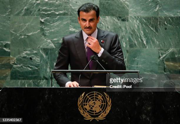 Sheikh Tamim bin Hamad Al Thani, Emir of the State of Qatar addresses the 76th Session of the U.N. General Assembly on September 21, 2021 at U.N....
