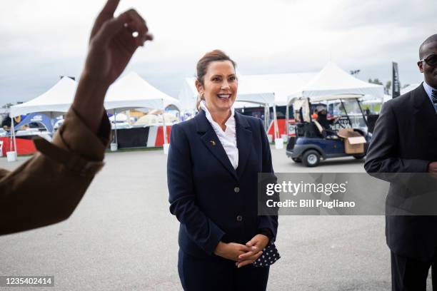 Michigan Governor Gretchen Whitmer speaks with the news media at the 2021 Motor Bella auto show on September 21, 2021 in Pontiac, Michigan. The...