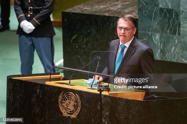 September 2021, US, New York: Jair Bolsonaro, President of Brazil, speaks at the UN General Debate at the United Nations Headquarters. Photo: Bernd...