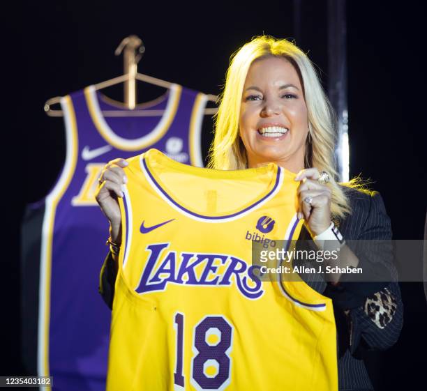 September 20: Jeanie Buss, CEO / Governor / Co-owner of the Los Angeles Lakers, holds a new Lakers jersey as the Lakers host a 2021-2022 season...