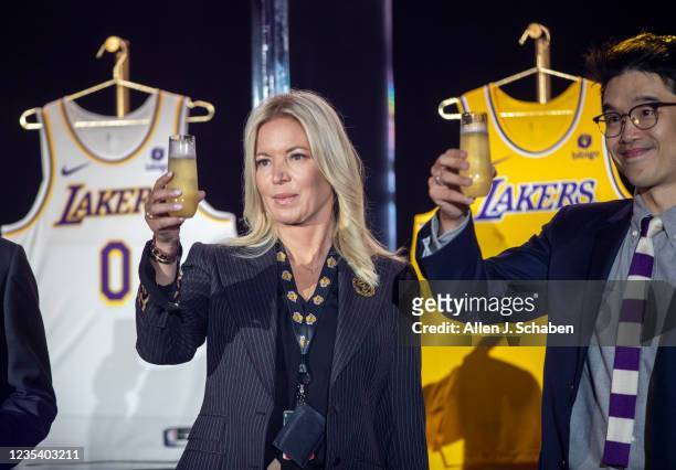 September 20: Jeanie Buss, CEO / Governor / Co-owner of the Los Angeles Lakers, left, and Sun-Ho Lee, Bibigo Head of Global Business Planning, hold a...