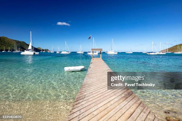 wooden jetty on princess margaret beach, bequia, st vincent and the grenadines, 2019 - bequia stock-fotos und bilder