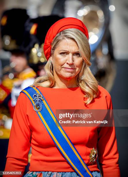 Queen Maxima of The Netherlands attends Prinsjesdag the annual opening of the parliamentary year in the Grote Kerk on September 21, 2021 in The...