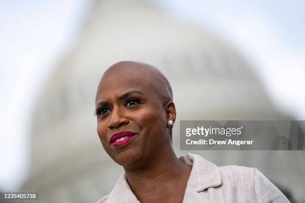 Rep. Ayanna Pressley speaks during a news conference to introduce legislation that would give the Department of Health and Human Services the power...