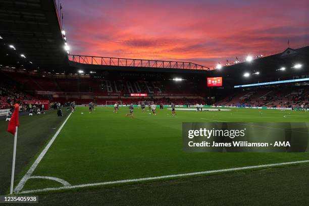 General view at sunset of a red sky ask dusk sets on Bramall Lane the home stadium of Sheffield United during the Carabao Cup Third Round match...