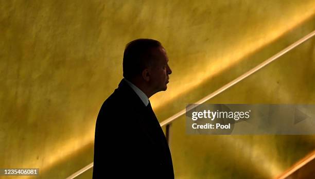 Tayyip Erdogan, President, of the Republic of Turkey arrivres to address the 76th Session of the U.N. General Assembly on September 21, 2021 at U.N....