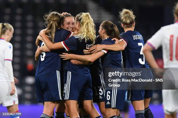 Scotland's Chloe Arthur celebrates her goal during a FIFA World Cup Qualifier between Scotland and Faroe Islands at Hampden Park on September 21 in...