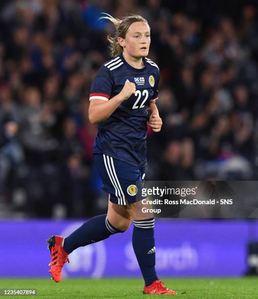 Scotland's Erin Cuthbert celebrates her opener during a FIFA World Cup Qualifier between Scotland and Faroe Islands at Hampden Park on September 21...