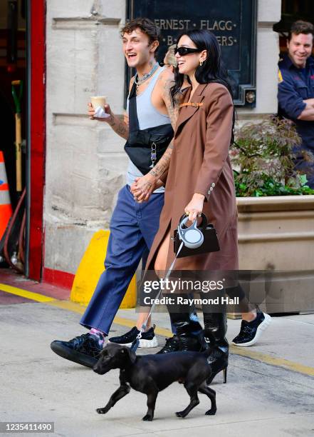 Anwar Hadid and Dua Lipa are seen walking in soho on September 21, 2021 in New York City.