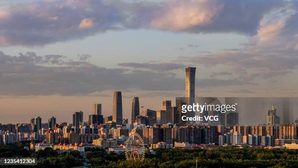 General view of the skyline of the central business district at sunset on May 27, 2020 in Beijing, China.