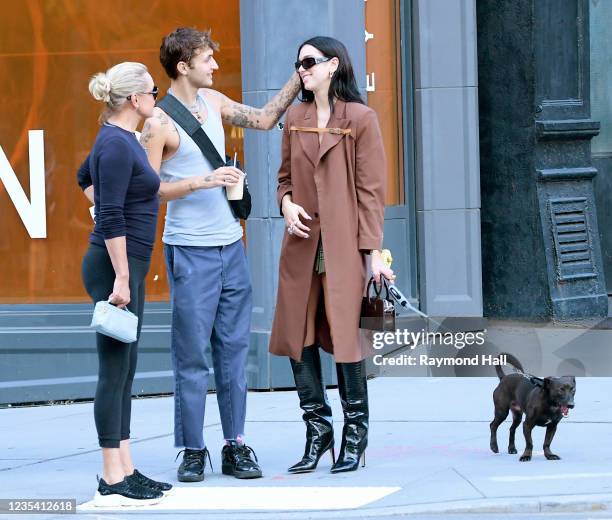 Yolanda Hadid, Anwar Hadid and Dua Lipa are seen walking in soho on September 21, 2021 in New York City.