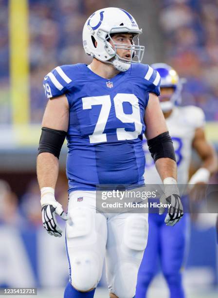 Eric Fisher of the Indianapolis Colts is seen during the game against the Los Angeles Rams at Lucas Oil Stadium on September 19, 2021 in...