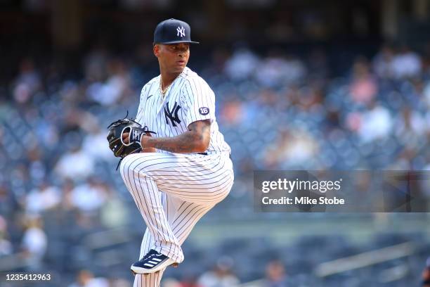 Luis Gil of the New York Yankees in action against the Minnesota Twins at Yankee Stadium on September 13, 2021 in New York City. New York Yankees...