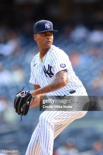 Luis Gil of the New York Yankees in action against the Minnesota Twins at Yankee Stadium on September 13, 2021 in New York City. New York Yankees...