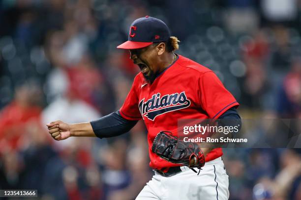 Emmanuel Clase of the Cleveland Indians celebrates a 4-1 victory over the Kansas City Royals at Progressive Field on September 21, 2021 in Cleveland,...