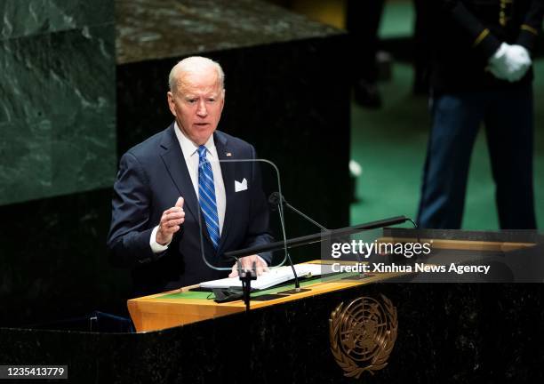 President Joe Biden speaks during the General Debate of the 76th session of the United Nations General Assembly at the UN headquarters in New York,...