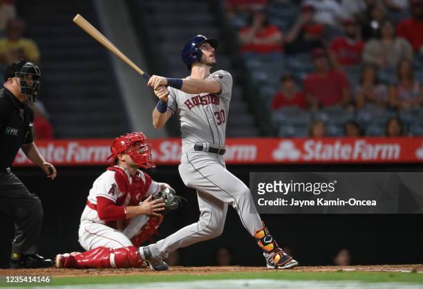 Kyle Tucker of the Houston Astros hits a two run home run in the second inning of the game against the Los Angeles Angels at Angel Stadium of Anaheim...