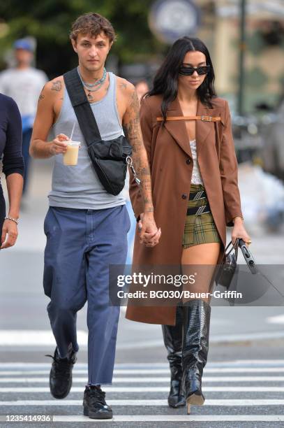 Anwar Hadid and Dua Lipa are seen on September 21, 2021 in New York City.