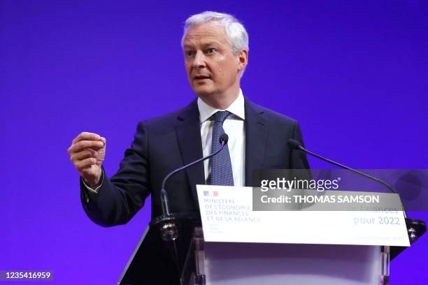 France's Finance and Economy Minister Bruno Le Maire delivers a speech during the presentation of the 2022 finance bill at the Economy ministry in...
