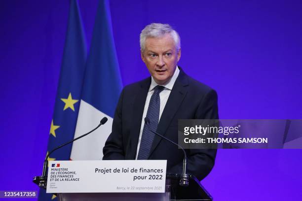 France's Finance and Economy Minister Bruno Le Maire delivers a speech during the presentation of the 2022 finance bill at the Economy ministry in...