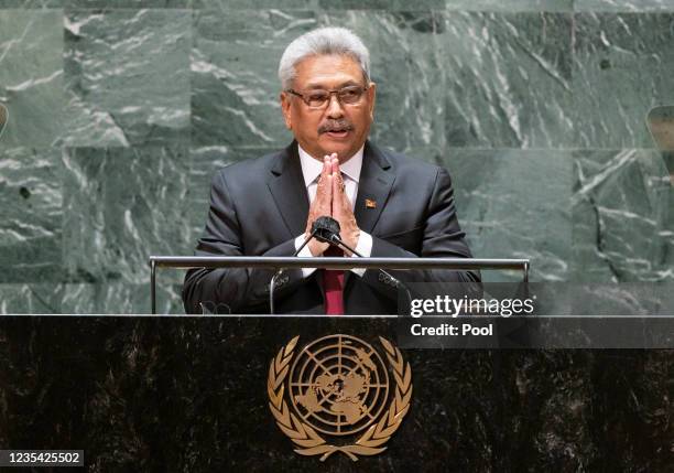 Sri Lanka's President Gotabaya Rajapaksa addresses the United Nations General Assembly on September 22, 2021 in New York City. More than 100 heads of...