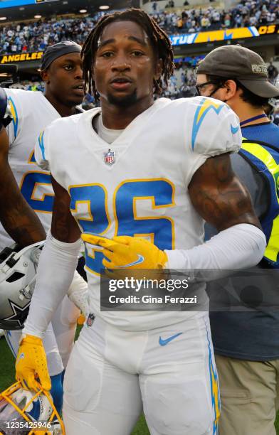 Los Angeles Chargers cornerback Asante Samuel Jr. After the teams 20-17 loss to the Dallas Cowboys at SoFi Stadium on September 19, 2021 in...