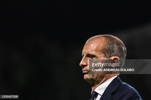 Juventus' Italian head coach Massimiliano Allegri reacts as he leaves the pitch at the end of the Italian Serie A football match between Spezia and...