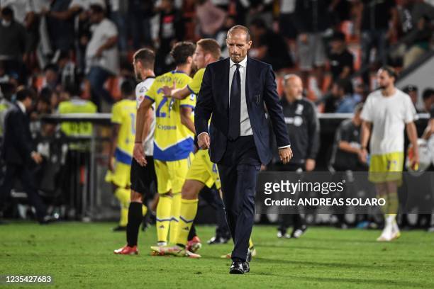 Juventus' Italian head coach Massimiliano Allegri leaves the pitch at the end of the Italian Serie A football match between Spezia and Juventus on...