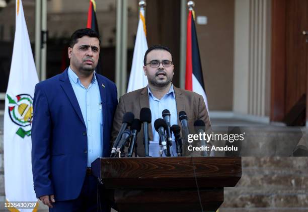 Hamas spokesman Hazem Qasim holds a press conference in Gaza City, Gaza on September 22, 2021.
