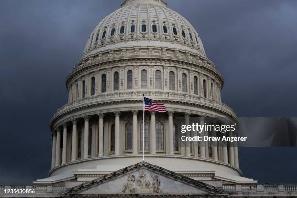 Storm clouds gather near the U.S. Capitol on Wednesday afternoon September 22, 2021 in Washington, DC. Senate Minority Leader McConnell and other...