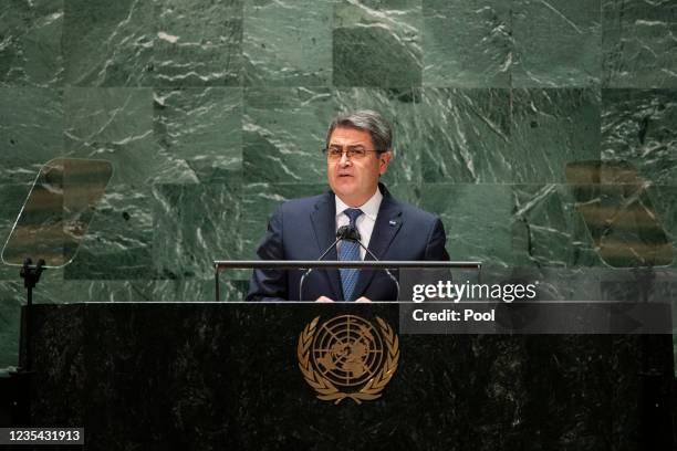 Honduran President Juan Orlando Hernandez Alvarado addresses the United Nations General Assembly on September 22, 2021 in New York City. More than...