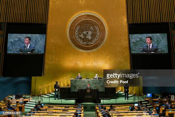 Ukraine's President Volodymyr Zelenskiy addresses the United Nations General Assembly on September 22, 2021 in New York City. More than 100 heads of...