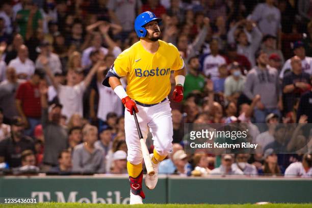 Kyle Schwarber of the Boston Red Sox hits a three run home run in the second inning against the New York Mets at Fenway Park on September 22, 2021 in...