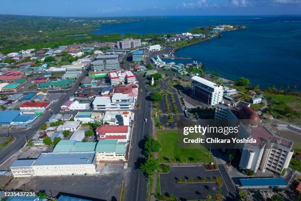 In an aerial view, Main Beach Road is seen deserted by government lockdown for home vaccinations, on September 23, 2021 in Apia, Samoa. Samoa is in...