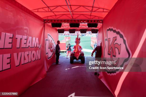 Kansas City Chiefs mascot KC wolf gets ready to head out on the field prior to the game against the Cleveland Browns on September 12th at GEHA field...