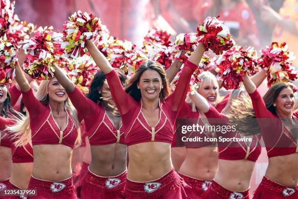 Kansas City Chiefs cheerleaders perform during the game against the Cleveland Browns on September 12th at GEHA field at Arrowhead Stadium in Kansas...