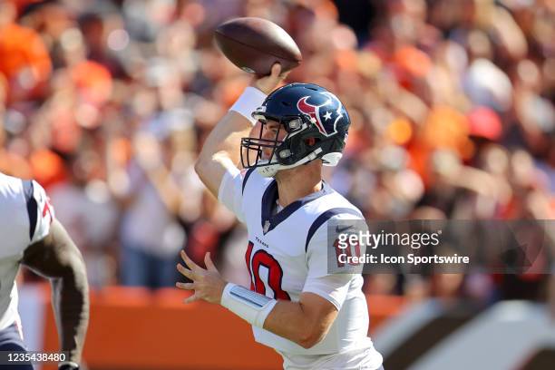 Houston Texans quarterback Davis Mills throws a pass during the third quarter of the the National Football League game between the Houston Texans and...
