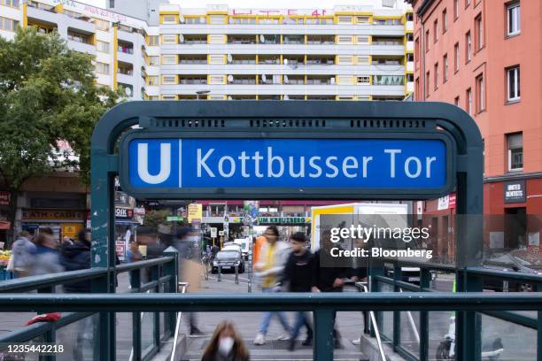 Entrance to the U-Bahn train station near the Neues Kreuzberger Zentrum apartment building, center, at Kottbusser Tor in the Kreuzberg district of...