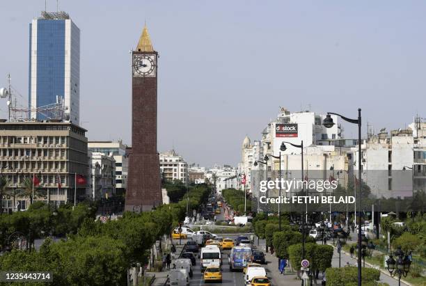 Picture shows the Habib Bourguiba avenue in Tunis on September 23, 2021. - Tunisian President Kais Saied has taken steps allowing him effectively to...